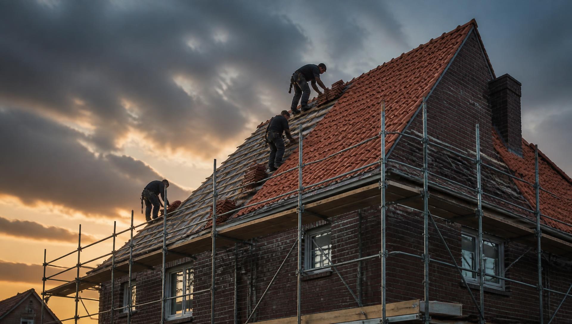 Dakdekkers van S&C Bouw leggen dakpannen op een woning in aanbouw